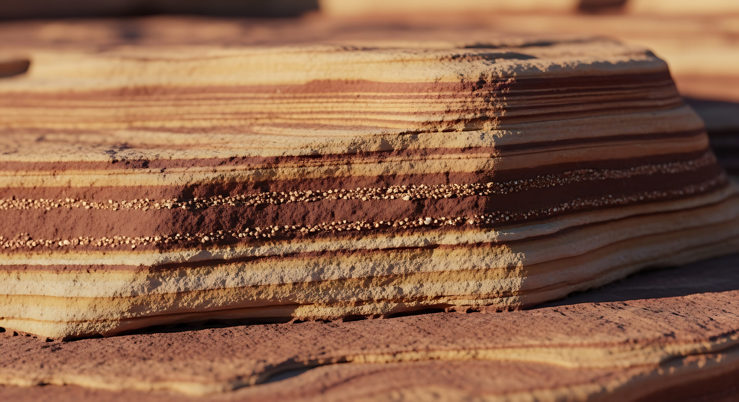 Close-up of layered sedimentary rocks in a desert scene with warm natural lighting and textured surface, creating an earthy and rugged atmosphere ideal for geological or outdoor marketing.